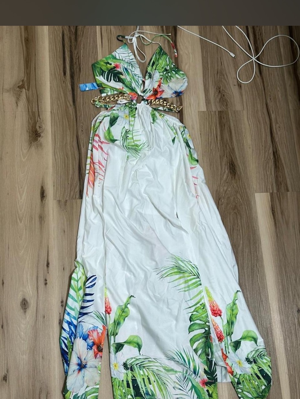 Tropical Halter Maxi Dress with Chain Detail - White & Green Floral